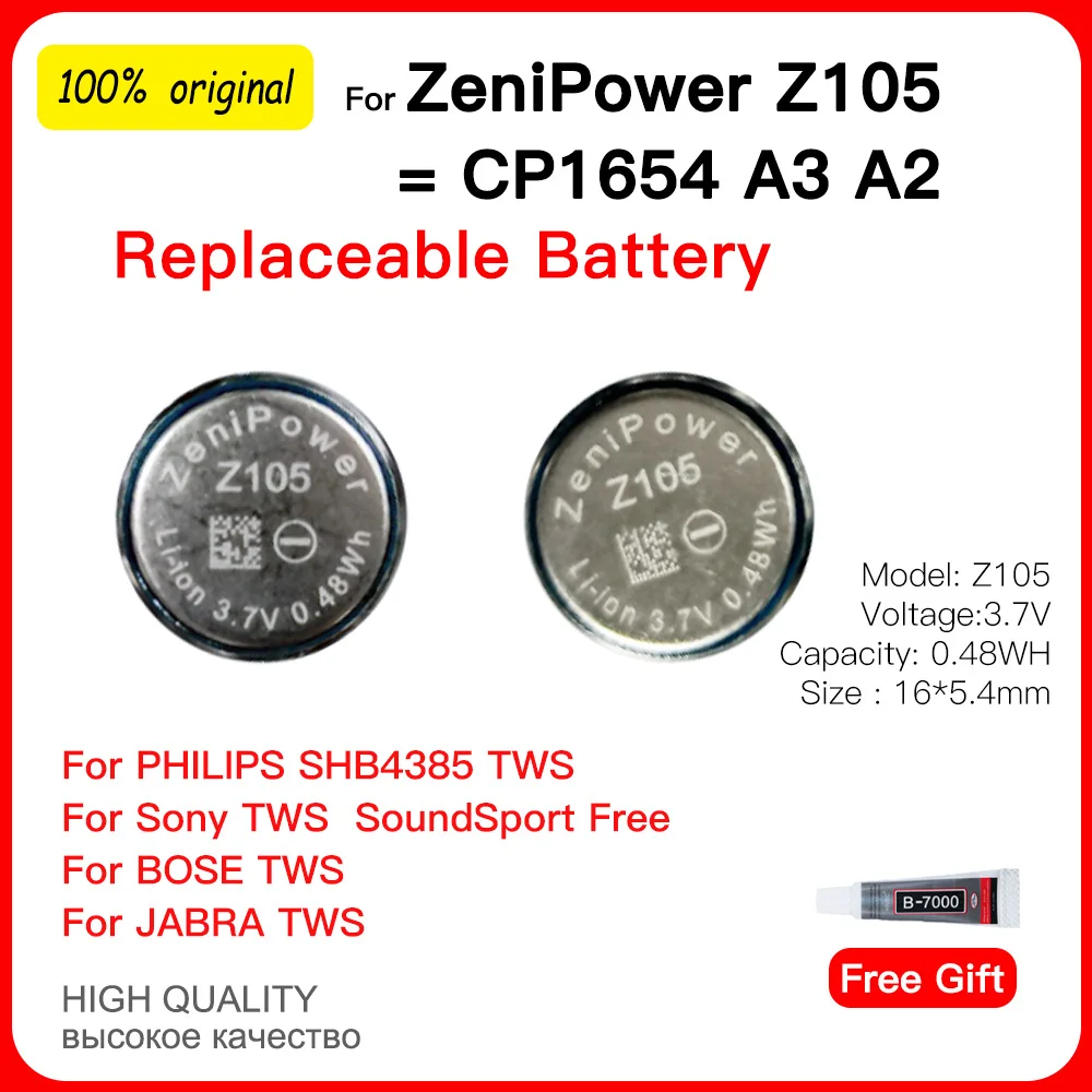 CP1654 A3 3.7V 110mAh Replacement Zenipower Z105 130mAh lithium Battery For Sony Bose SoundSport TWS Headset Earbuds Batteia