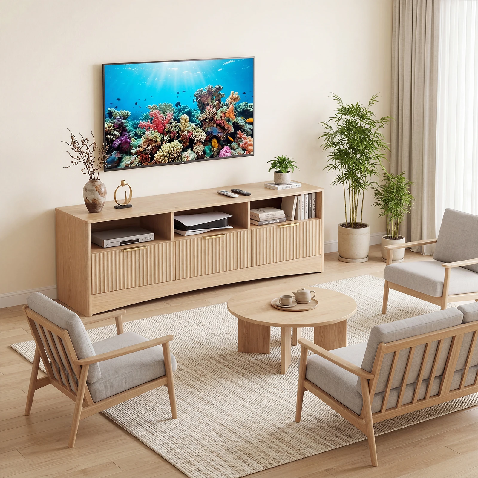 59-Inch Fluted TV Stand for TVs Up to 65 Inch | Mid-Century Modern Entertainment Center with 3 Drawers, Oak TV Console for Living Room and Bedroom