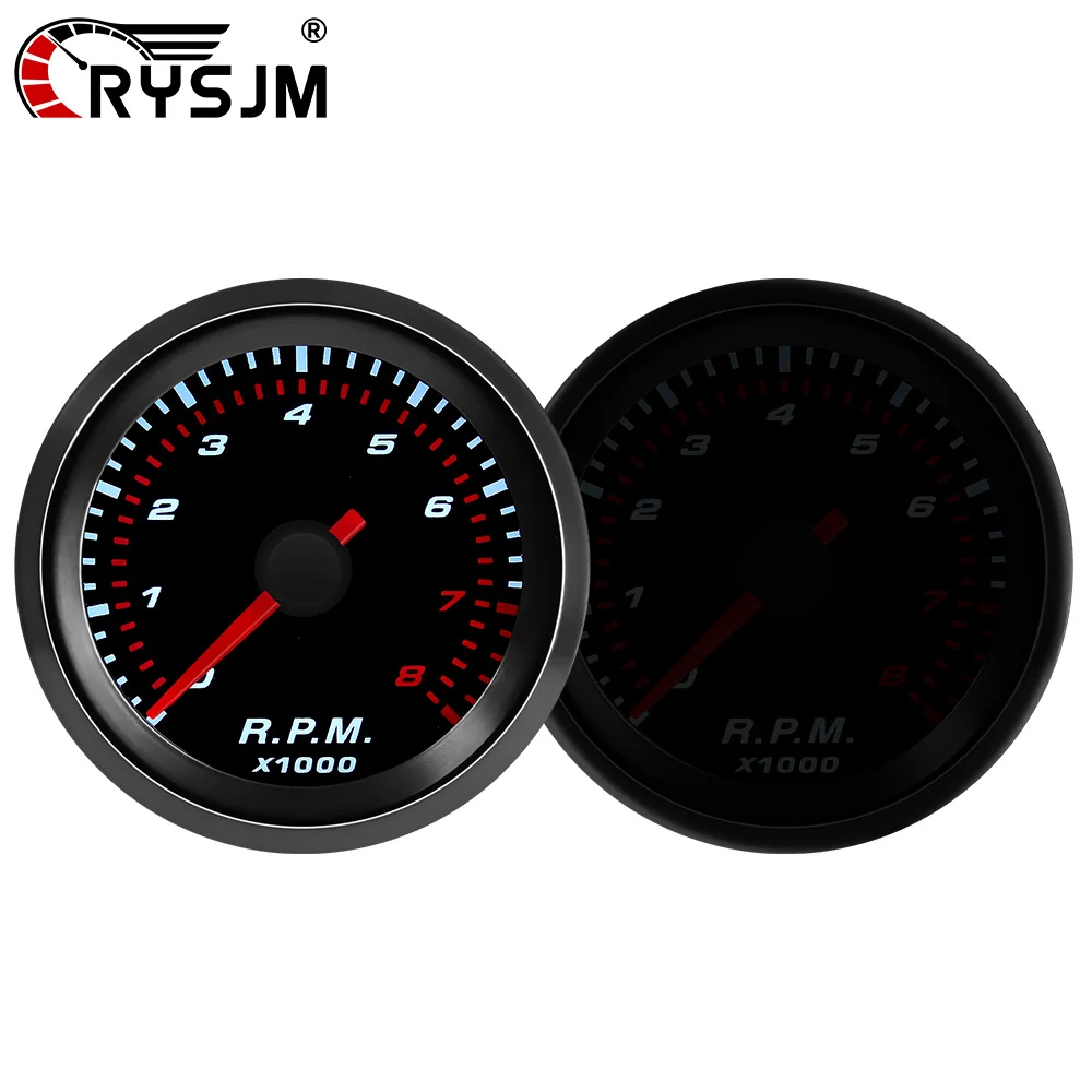 Tacômetro Automotivo com Lente Fumê de 2'' (52mm), LED Branco e Luz Vermelha, Medidor de 0-8000 RPM, para Veículos Universais de 1-8 Cilindros