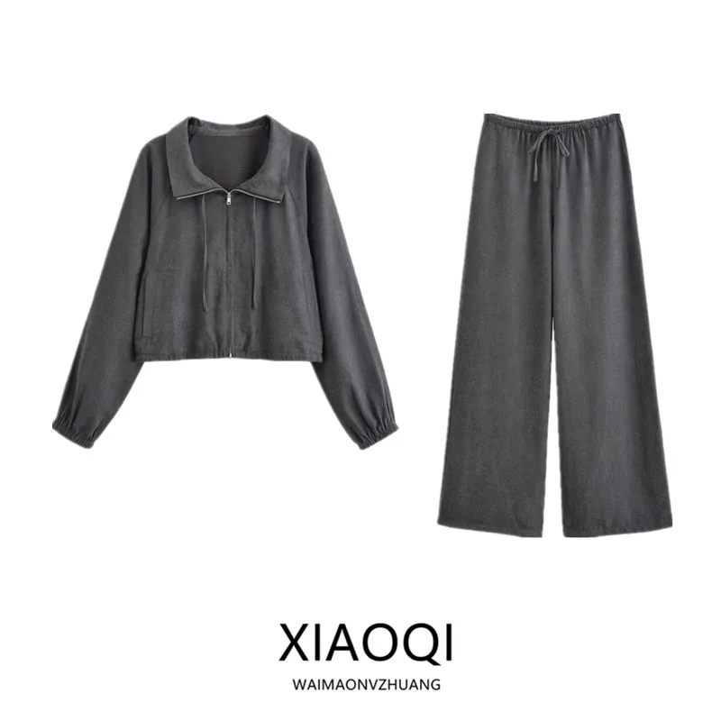 Conjunto de Plones de Cintura Alta y Chaqueta de Manga Larga Estilo Suda de Moda Femenina Otoño 2025, Novedad Versáti...