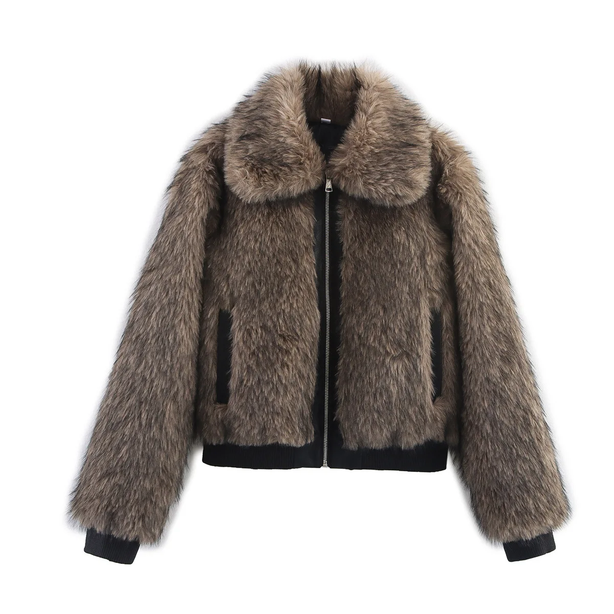 

Short Zipper Faux Fur Jacket Lapel Leather and Fur Patchwork Plush Coat Wonem's Zip-up Furry Jackets Winter Warm Fluffy Overcoat