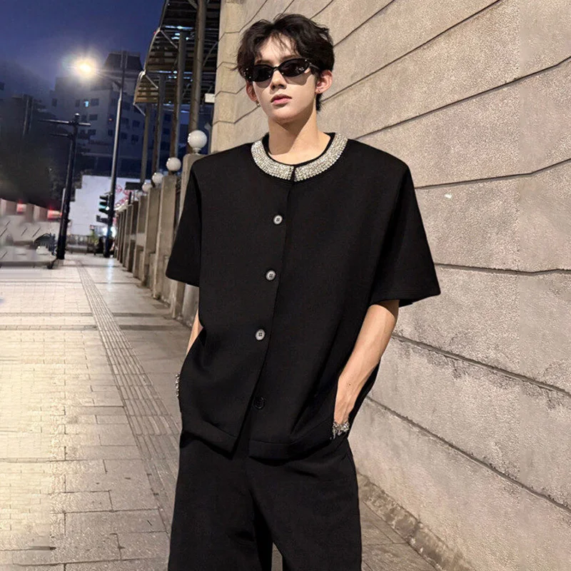 LUZHEN Sleeve Luxury Elegant Diamond Patchwork Neck Design Short Blazer Coat Men 2026 Summer Korean Shoulder Pad Clothes JY8890