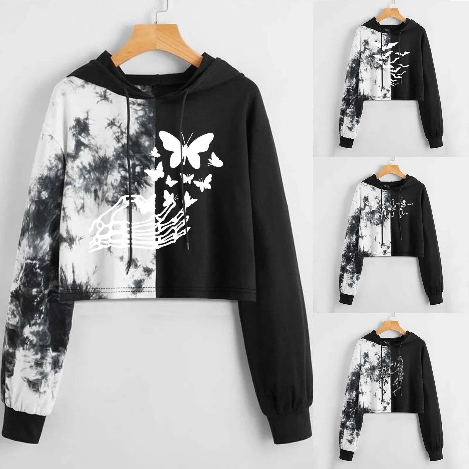 Harajuku Sweatshirts Long Sleeve Tie-dye Print Tie Dye Crop Top Hoodies Gothic Style Pullover Top Women Drawstring Sweatshirts