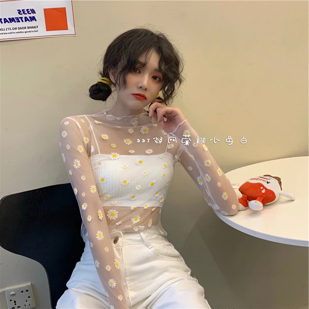 Fashion Transparent See Through Shirt Women Sexy Harajuku Mesh Tops Net Undershirt Star Base Top Camisas Femininas Clubwear