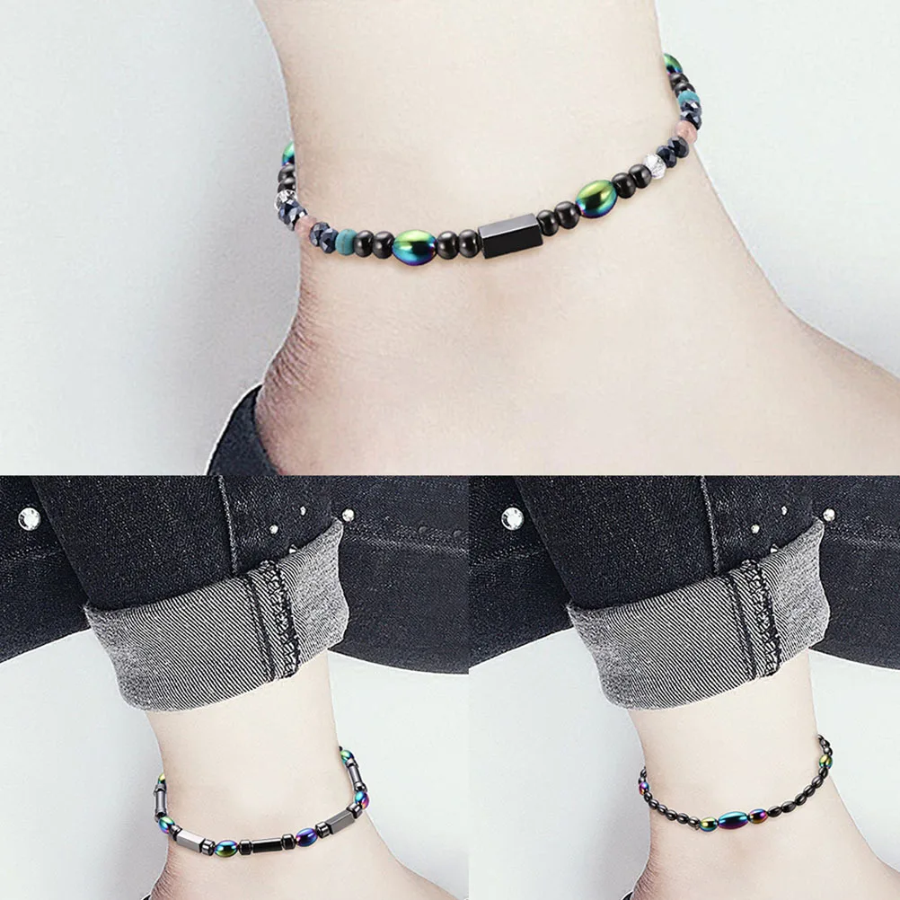 

3Pcs Unique Hematite Magnetic Anklet Handmade Beading Design Lightweight Portable Foot Chain for Everyday Wear