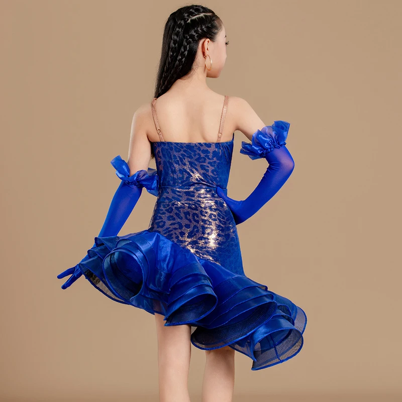 Costumi di danza da sala da ballo leopardo rosso blu Ragazze Rumba Vestito da spettacolo di danza latina Abiti da ballo professionali per bambini SL13405
