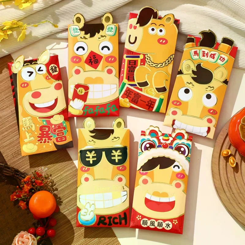 6 قطعة 2026 الحصان العام الكرتون السنة الجديدة حزمة حمراء محظوظ المغلف الأحمر الإبداعية مهرجان الربيع عيد ميلاد الزفاف محظوظ المال الحقيبة