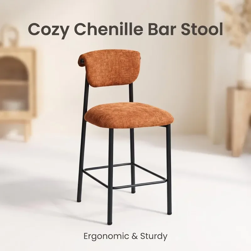 Modern Orange High Bar Stool with Curved Backrest Black Iron Frame Upholstered Seat for Commercial Counter and Family Kitchen