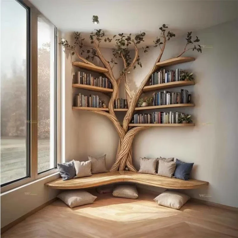 

Solid wood tree display bookshelf natural style decorative wabi sabi storage rack simulated leaf Chinese wooden cabinet