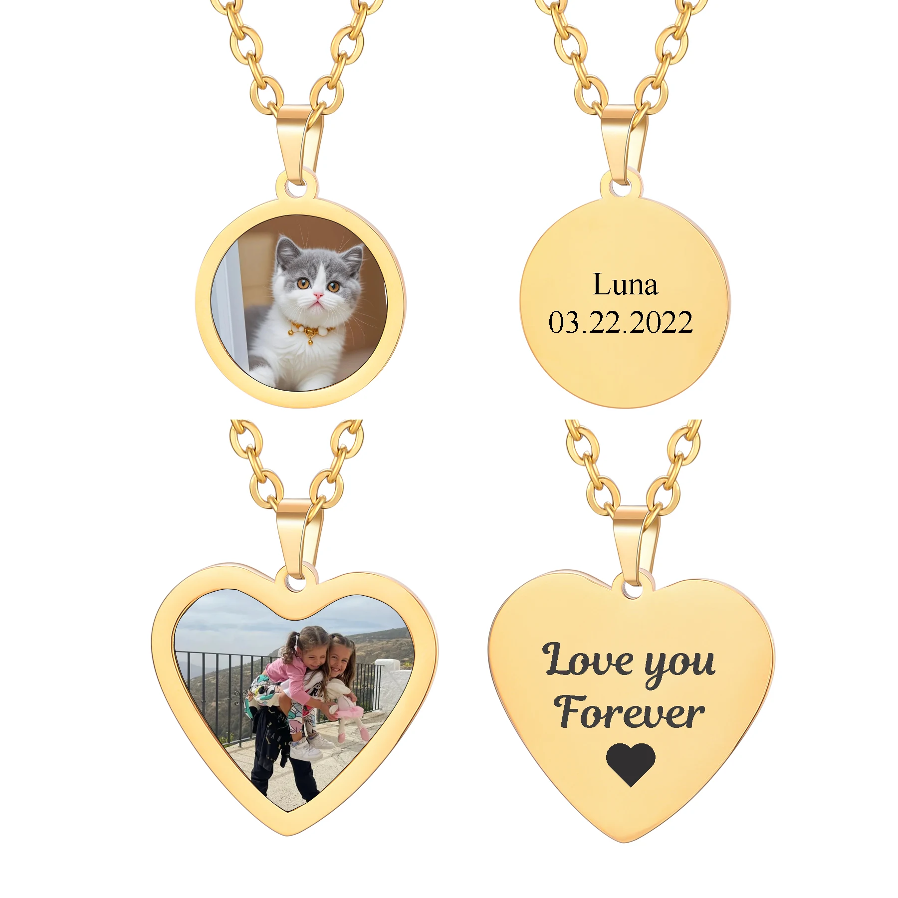 

Personalized Custom Photo Text Round Stainless Steel Heart Pendant Locket Necklace Memorial Jewelry Gifts for Men Women
