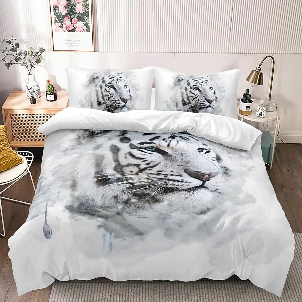 

White Tiger Duvet Cover Set Queen Size Wildlife Comforter Covers Animal Print Bedding Set for Boys Girls Kids Art Bedroom Decor