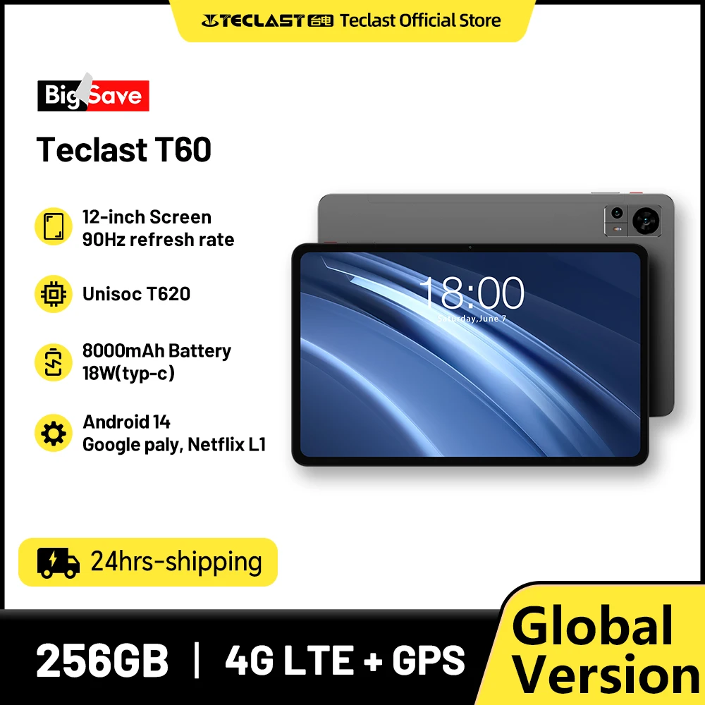 Teclast T60 12 inch 2K Tablet Android 14 8GB+12GB RAM 256GB ROM T620 octa-core 8000mAh 18W PD Fast Charging 4G VoLTE GPS Tablets