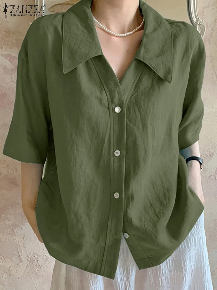 

ZANZEA Women Casual Half Sleeve Shirts 2025 Summer Turn-down Collar Button Up Daily Chemise Stylish Drop-shoulder Cotton Tops