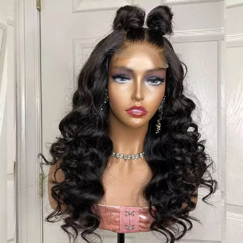 Perruque Lace Front Wig sans colle bouclée noire, 26 pouces, densité 180, cheveux de bébé, longue, Deep Wave, pre-plucked, résistante à la chaleur, pour femmes noires