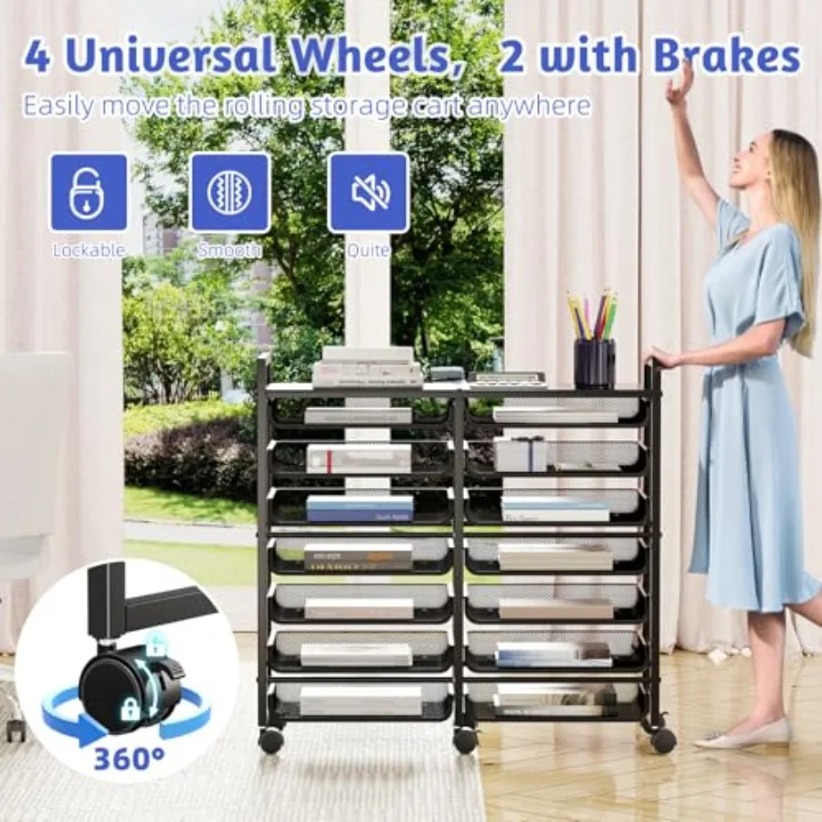 Rolling File Storage Cart 15-Tier Metal Desk File Organizer with 14 Mesh Sliding Trays Multi-Functional Clutter Cart for Office