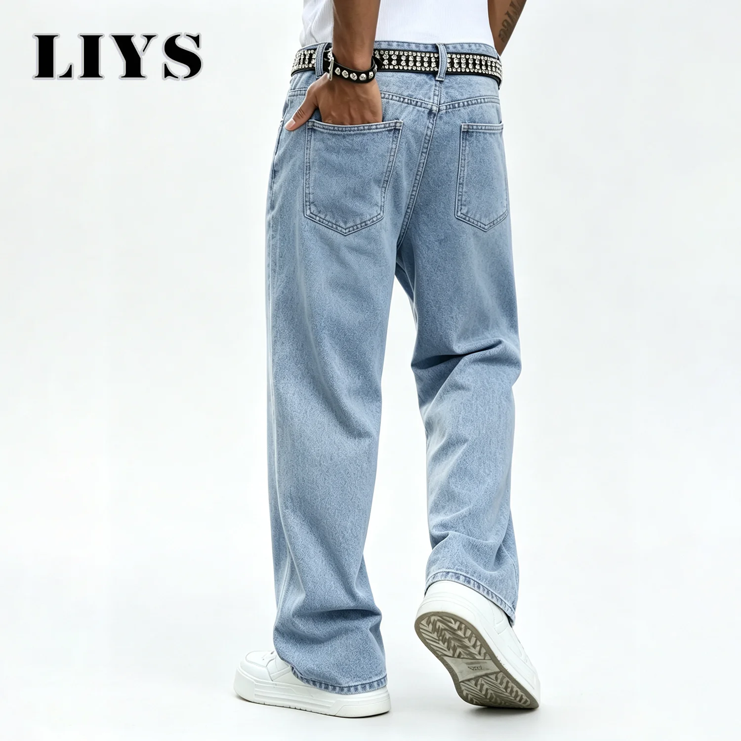 LIYS Men's Retro Washed Casual Straight Leg Jeans Street Style Autumn Personalized Font Printed Denim Pant Daily Men's Clothes