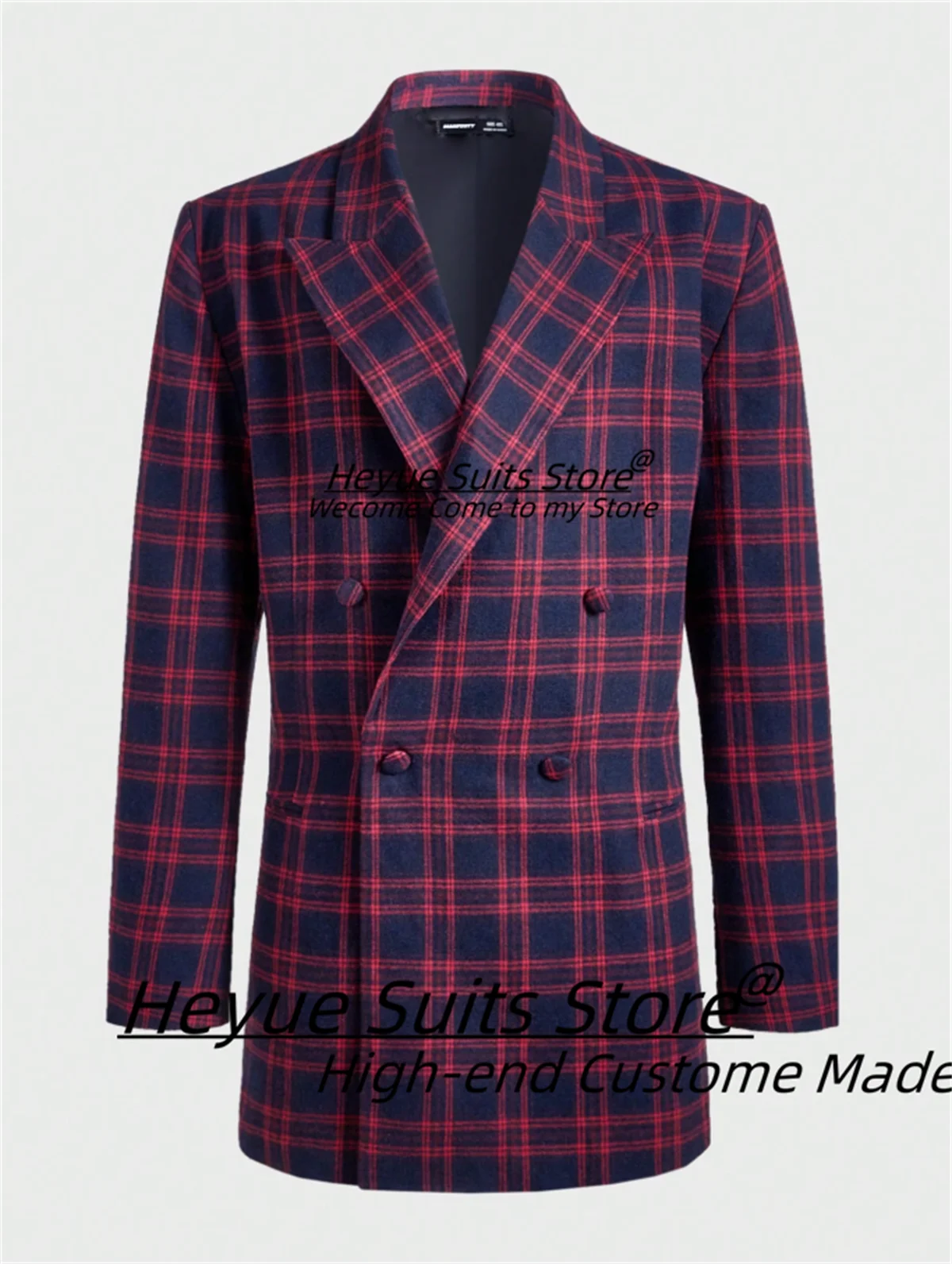 

British style Red Plaid Long Men Suits Slim Fit Double Breasted Groom Formal Tuxedos 2 Pcs Sets Elegant Male Blazers Ropa Hombre