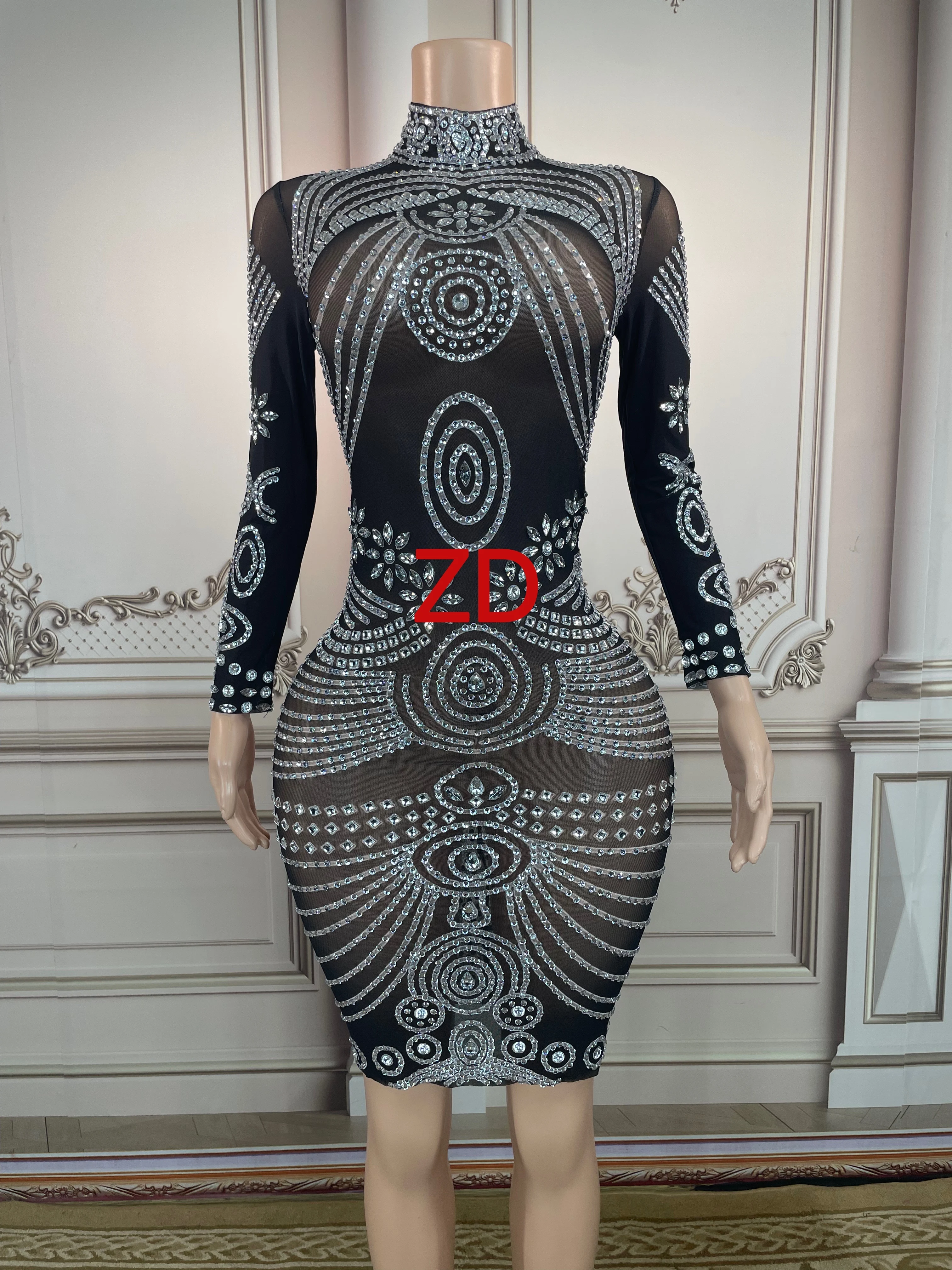 Birthday Women's Black Mesh See-through Mini Dress Sexy High Neck Long Sleeve Beaded Bodycon Dress Club Party plus size