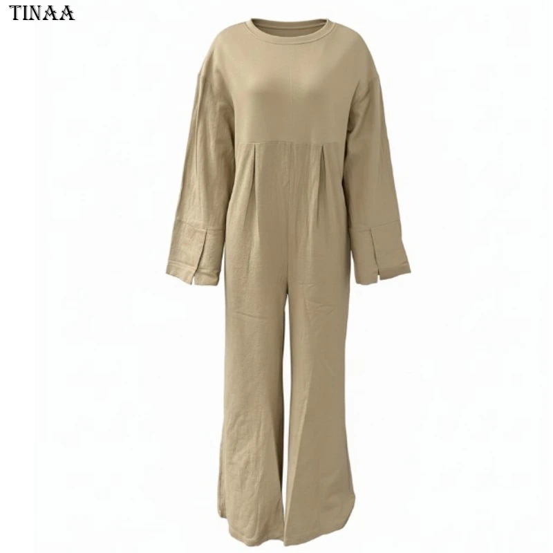 بدلة قفز نسائية طويلة من القطن والمشمش لخريف وشتاء 2025 غير رسمية بياقة دائرية وأكمام طويلة بطيات قطعة واحدة 178973 #1