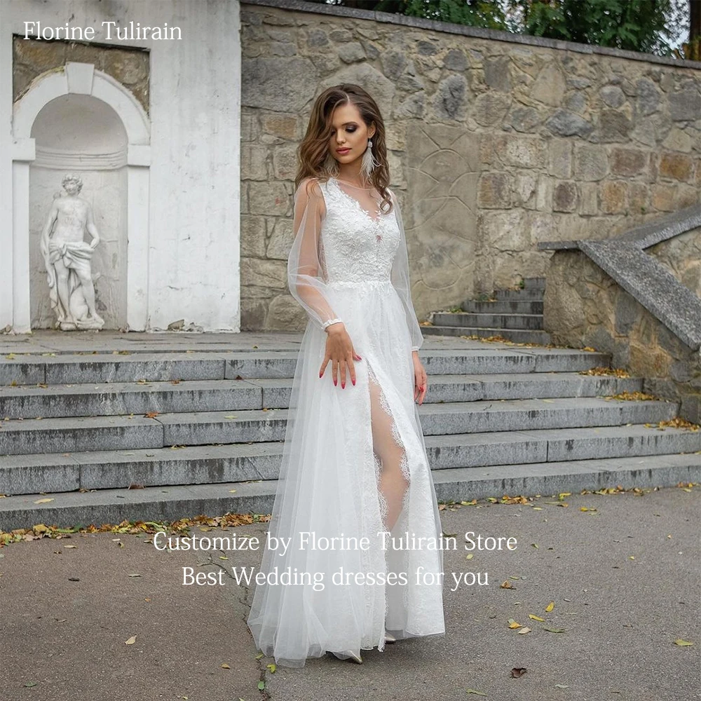 Bespoke Robe De Mariée with Sexy Deep Neck Elegant A-line Floor-Length Court Train High Split Wedding Dresses for Brides 2023