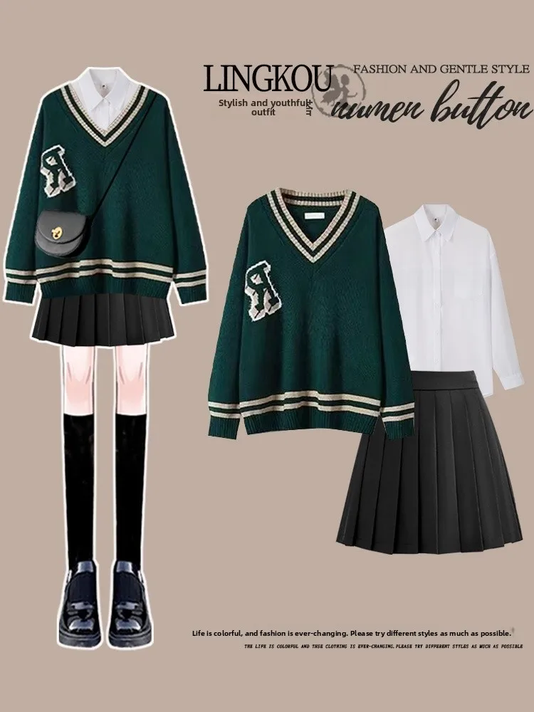 

Loose Korean Style Women's Set High Waist Slimming Half Skirt Three Piece Set Autumn Fashion Inner Shirt Knitted Sweater