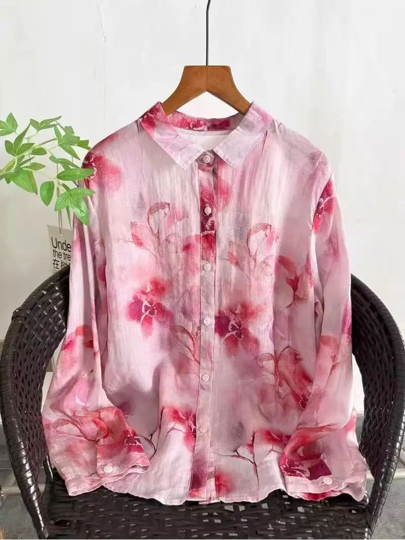 Original Watercolor Pink Red Floral Ramie Linen Blouse for Women Gradient Flower Pattern Lapel Collar Long Sleeve Shirt