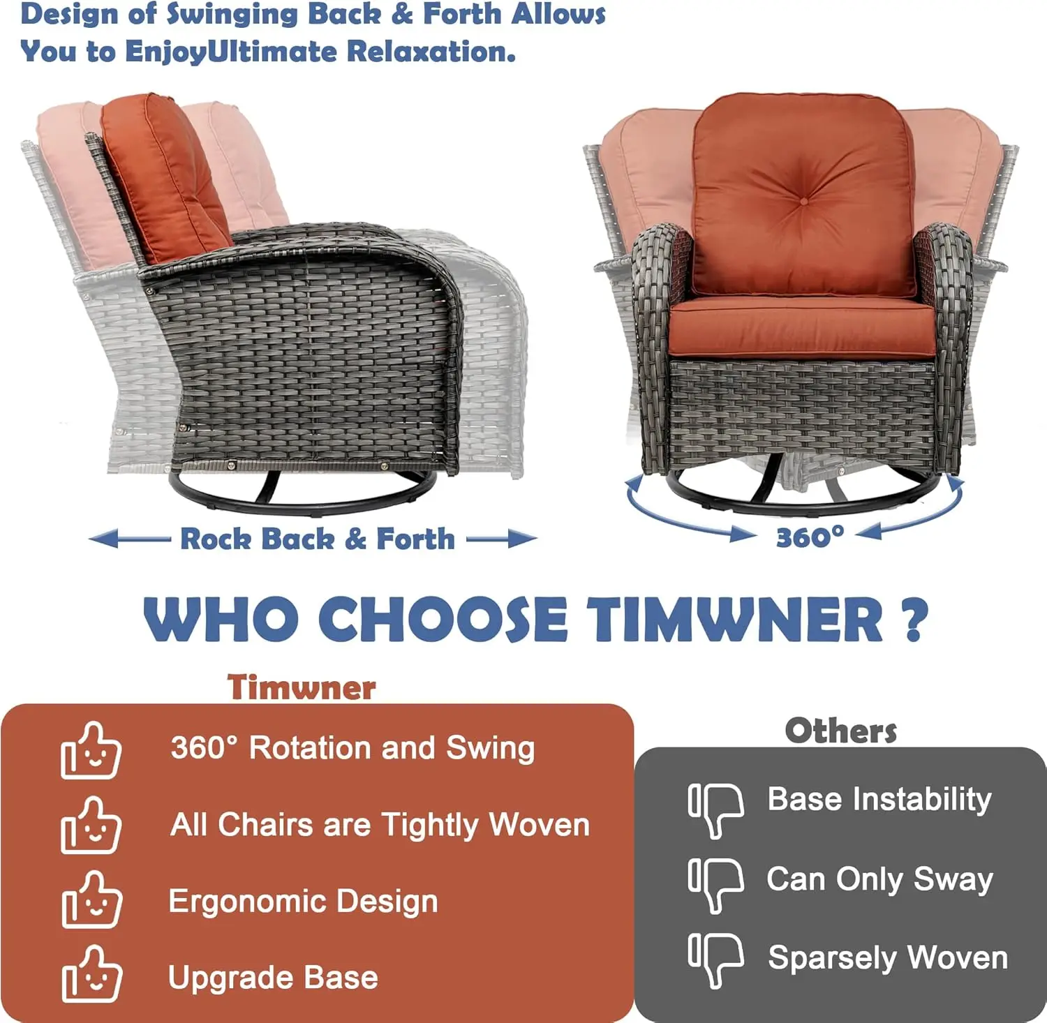 طقم هزاز دوار مكون من 3 قطع مع وسائد، خارجي 360 درجة °   كراسي هزازة وطاولة زجاجية، حديقة بيسترو