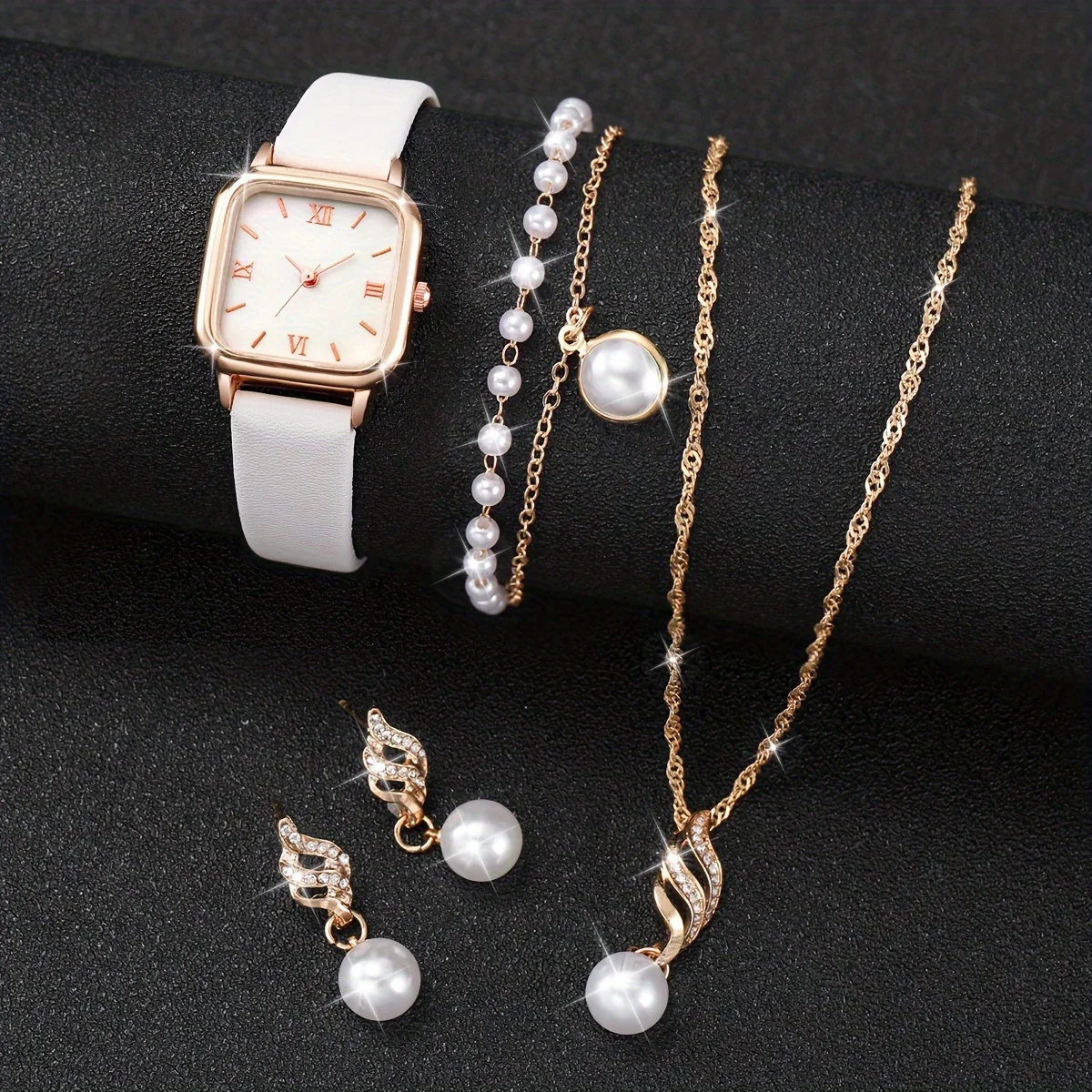 5 unids/set reloj de mujer moda banda de cuero cuadrada relojes de cuarzo conjunto de joyería de perlas (sin caja)