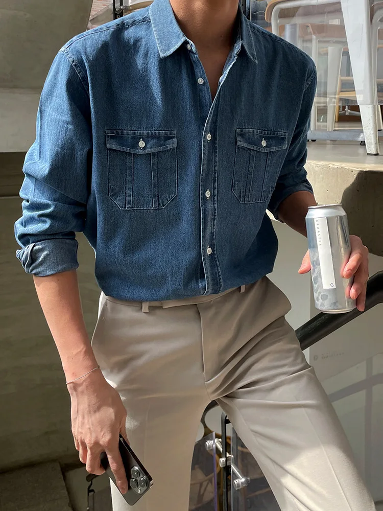 

Korean Fit Men's Denim Shirt, Vintage Washed Mans Workwear Jeans, Oversized Causal Blue Shirts For Men