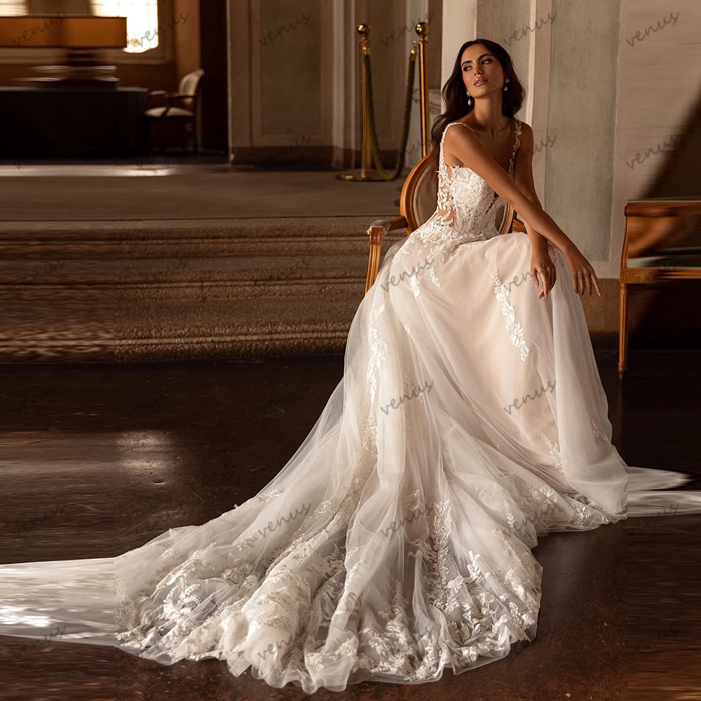 

Gorgeous Wedding Dresses A Line Tulle Tiered Bridal Gowns Lace Appliques Sleeveless Backless Vestidos De Novia Customized 2025