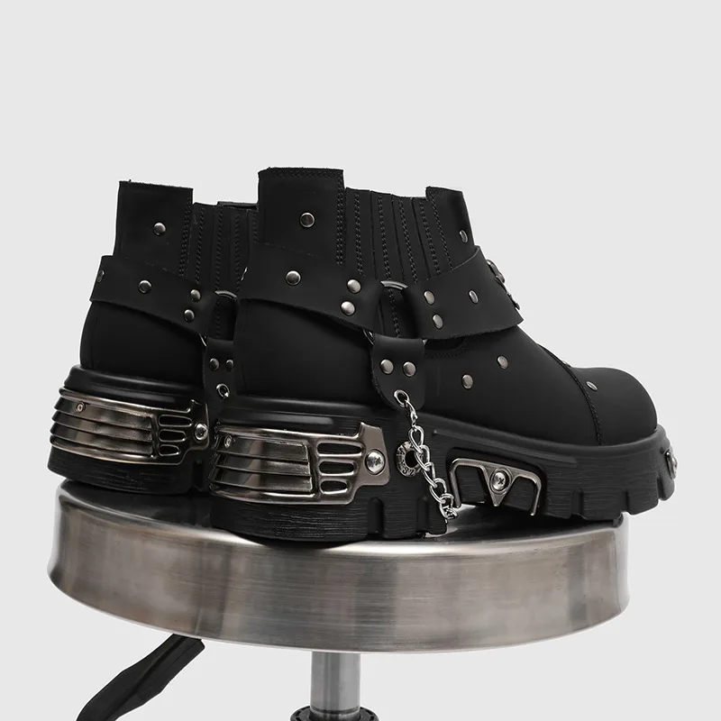 Gothic Punk Ankle Boots Men's Casual Shoes Black Platform Vintage Rock Man Motorcycle Boots Punk Style Skull Metal Chelsea Boots view 2