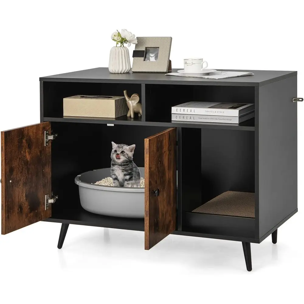 Wooden Cat Litter Enclosure with Storage, Scratch Post, Winding Entrance, Metal Legs, Large Hidden Furniture in Black & Rustic B