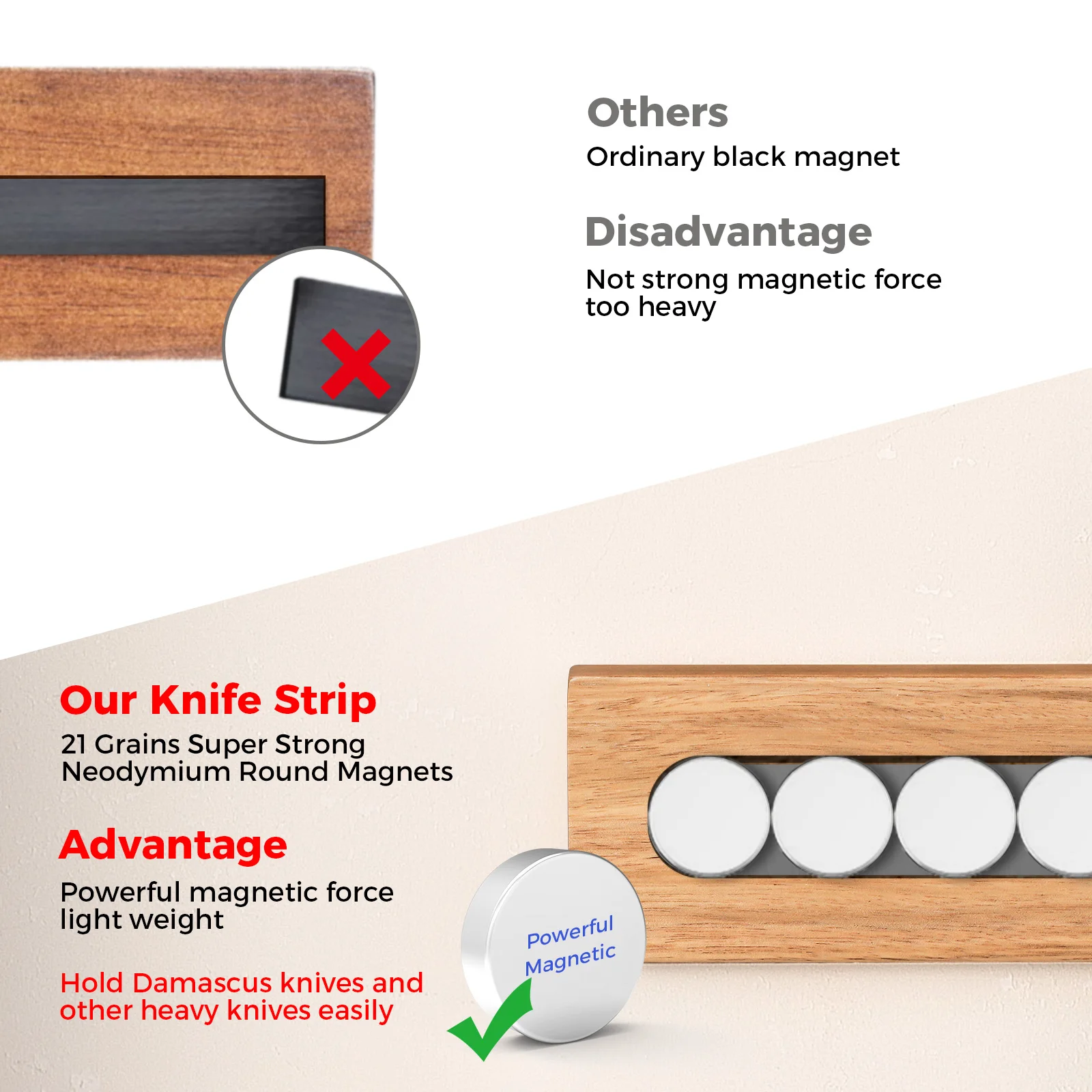 KEEMAKE Magnetic Knife Holder for Solid Wall Strip Powerful Magnet Wall Mount Acacia Wooden Knives Holder Kitchen Knife Strip