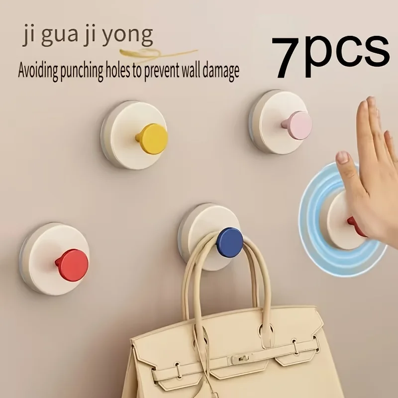7Pcs Dopamine Colorful Suction Cup Hooks Punch-Free Heavy Load Wall Hangers Removable Plastic Storage Hook Bathroom Kitchen Hous
