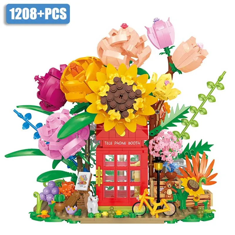 

City 1208pcs Flower Telephone Booth Model Mini Size Building Blocks DIY Decoration Flower Bouquet Bricks Toys For Children Gifts