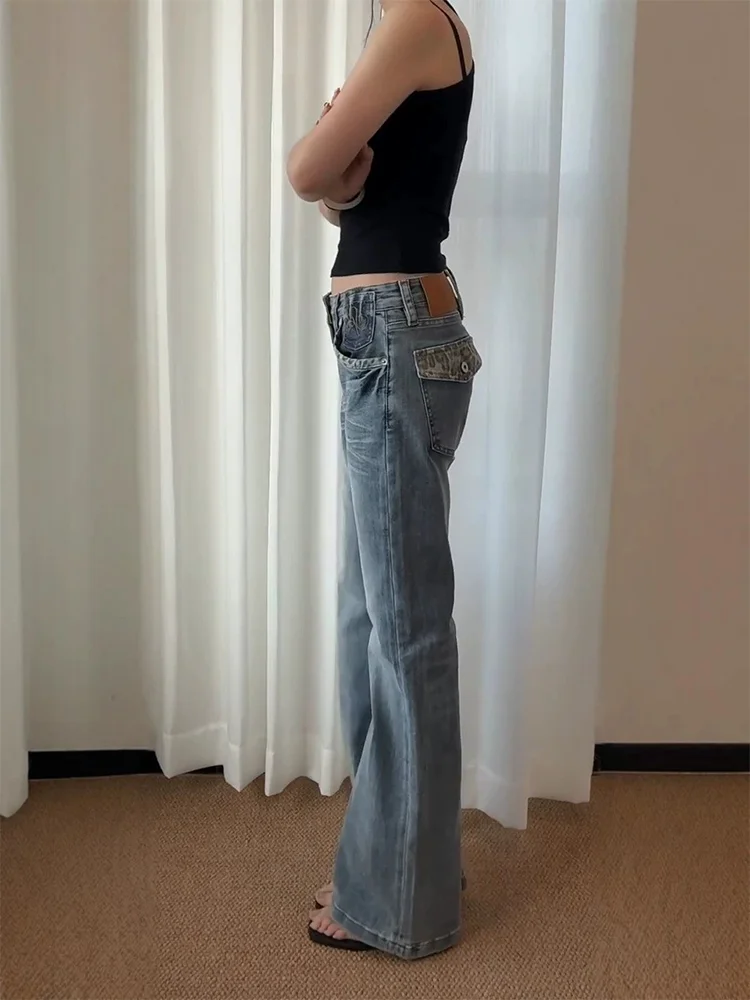 Low Waist Bell Bottom Denim Jeans Women Slim Fit Washed out Leopard Print Design Casual Straight Leg Long Trousers