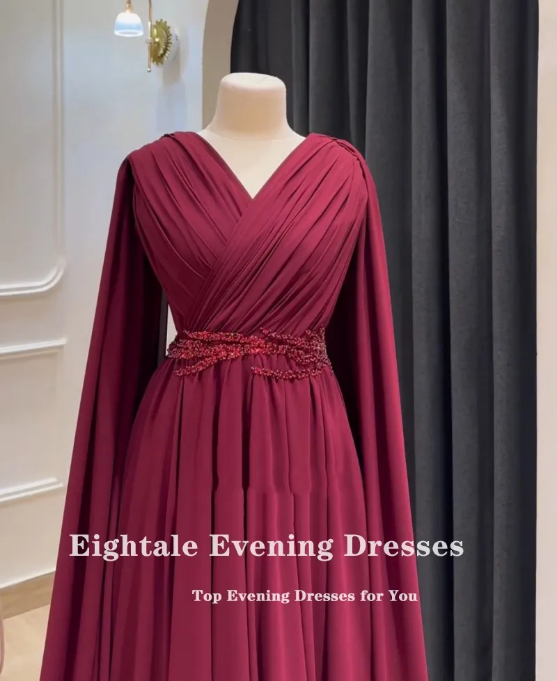 Eightale Arabische Abendkleider für Hochzeit, Party, Chiffon, V-Ausschnitt, Perlen, individuell gestaltete Flügelärmel, Burgunderrot, A-Linie, Abschlussball-Party-Kleider