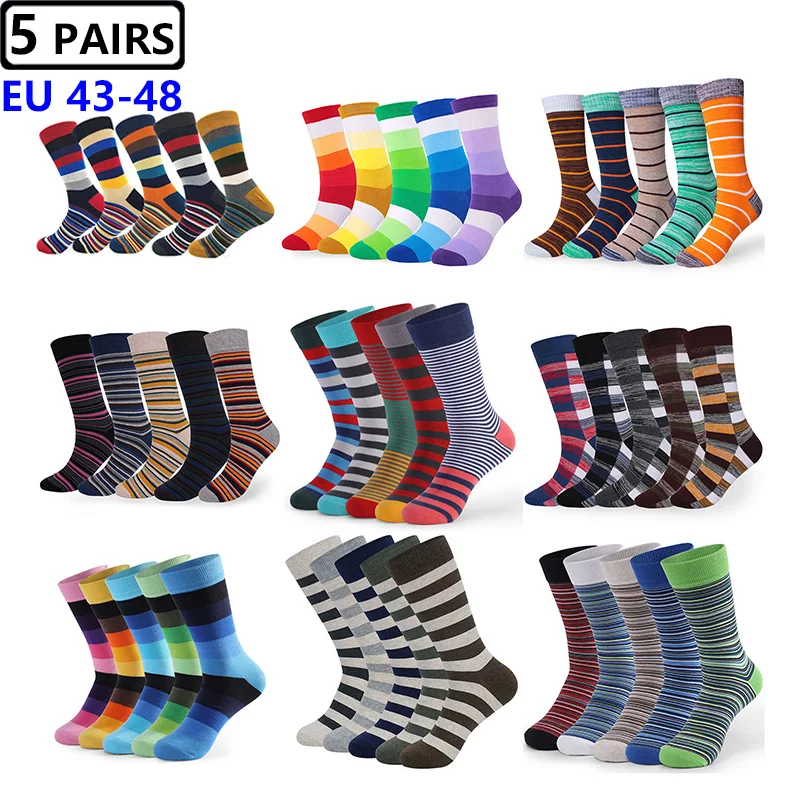 5 Pairs Hot Sale Plus Size 47,48 Casual Men Socks New Socks Fashion Striped Colorful Happy Business Party Dress Cotton Socks Man