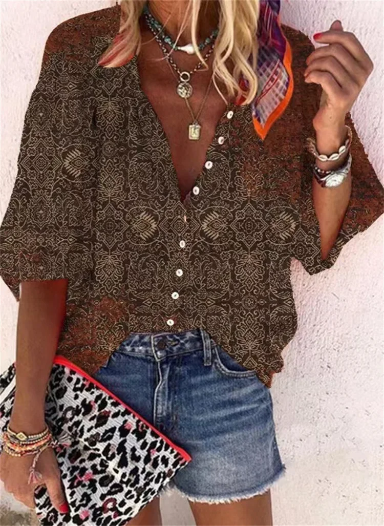 2024 new popular fashion summer European and American women\'s stand collar loose button retro printed casual shirt