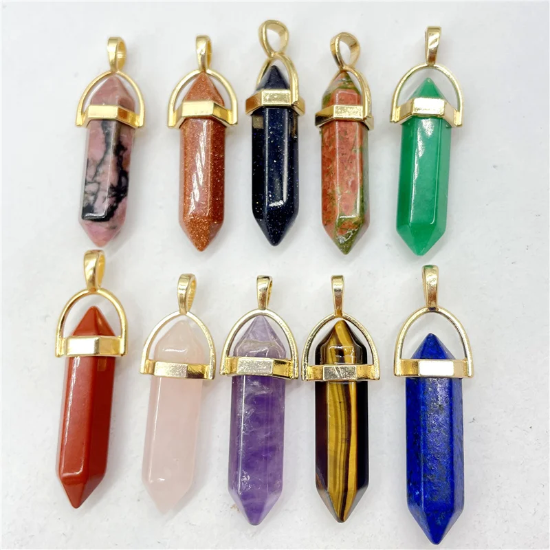 Fashion Natural Gem Stone Quartz Crystal Tiger Eye Hexagonal Pendulum Reiki Pendant Charms DIY Jewelry Making Necklaces 24Pcs