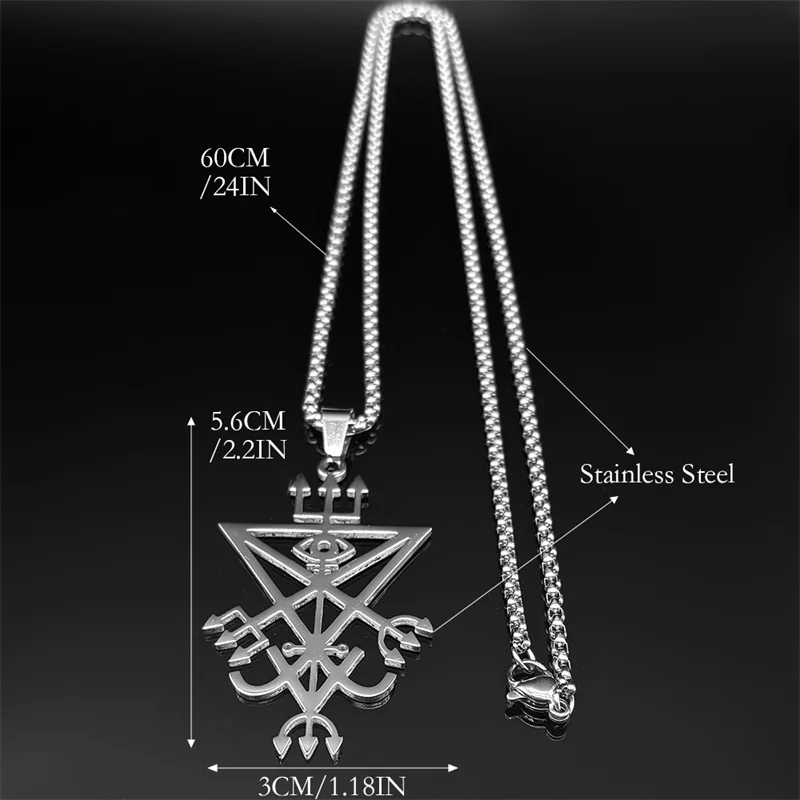 Sigil Church of Satan Trident Stainless Steel Necklace Seal of Lucifer LaVey Hidden Devil Eye Silver Color Long Necklace Jewelry