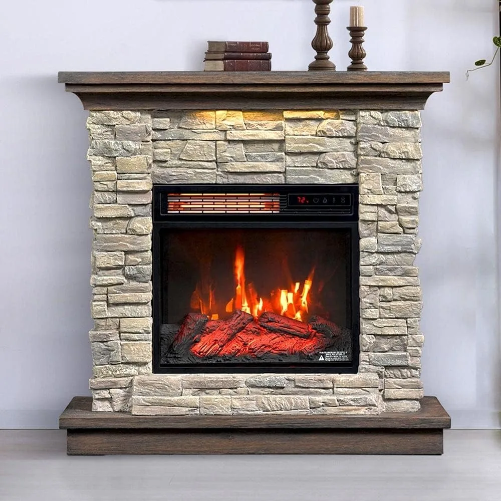 

Wall Mantel Electric Fireplace with Remote Control, Smoky Gray Stone