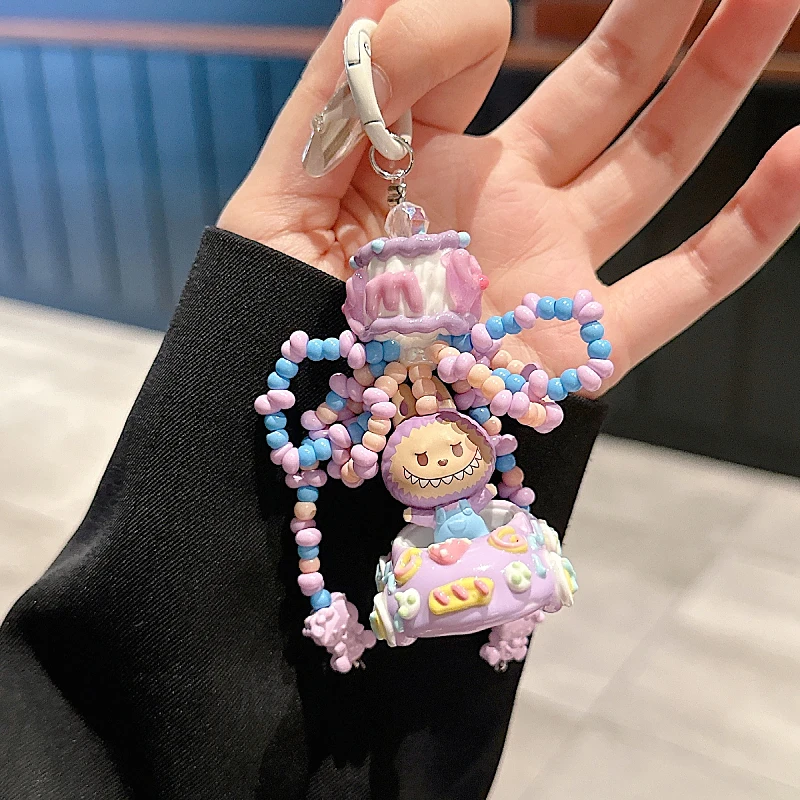 POP BEAN Diy Labubu Skull panda Beaded Colorful Car Keychain Creative Pendant Cute Moblie Phone Chain Hanging Accessories Gift