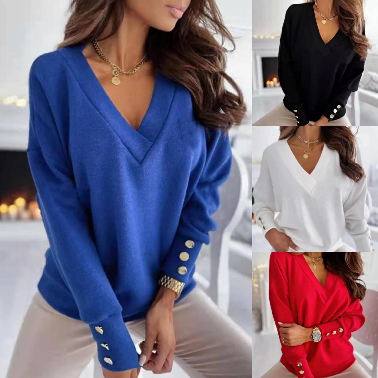 Women Pullover Sweater Winter Long Sleeve Knitted Sweater Women V-neck Jumper Sweaters For Women Button Loose Casual Pullover