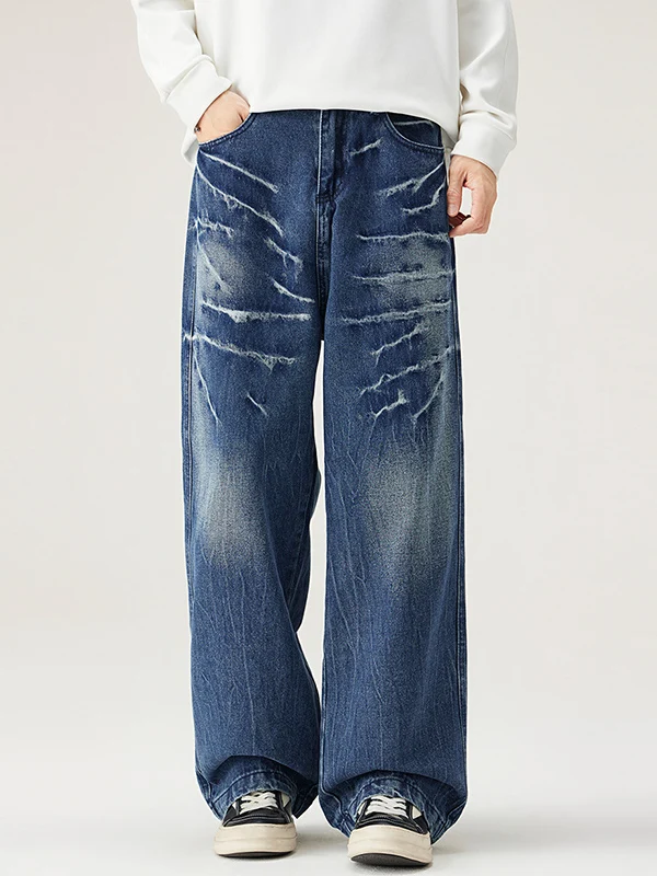 

Мужские джинсы в американском ретро-стиле с узором молнии, свободные, прямые, широкие, повседневные, универсальные, длиной в пол