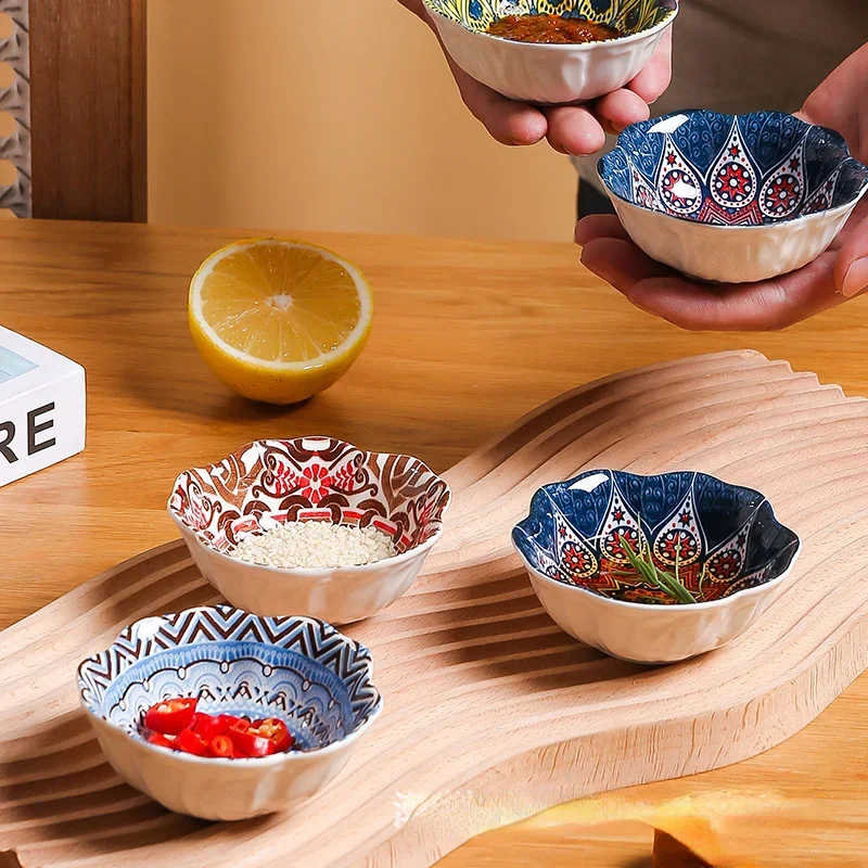 

Bohemian Ceramic Condiment Dish Set Creative Retro Japan Sushi Soy Sauce Snack Plate 4-Piece Set Home Kitchen Supplies Tableware