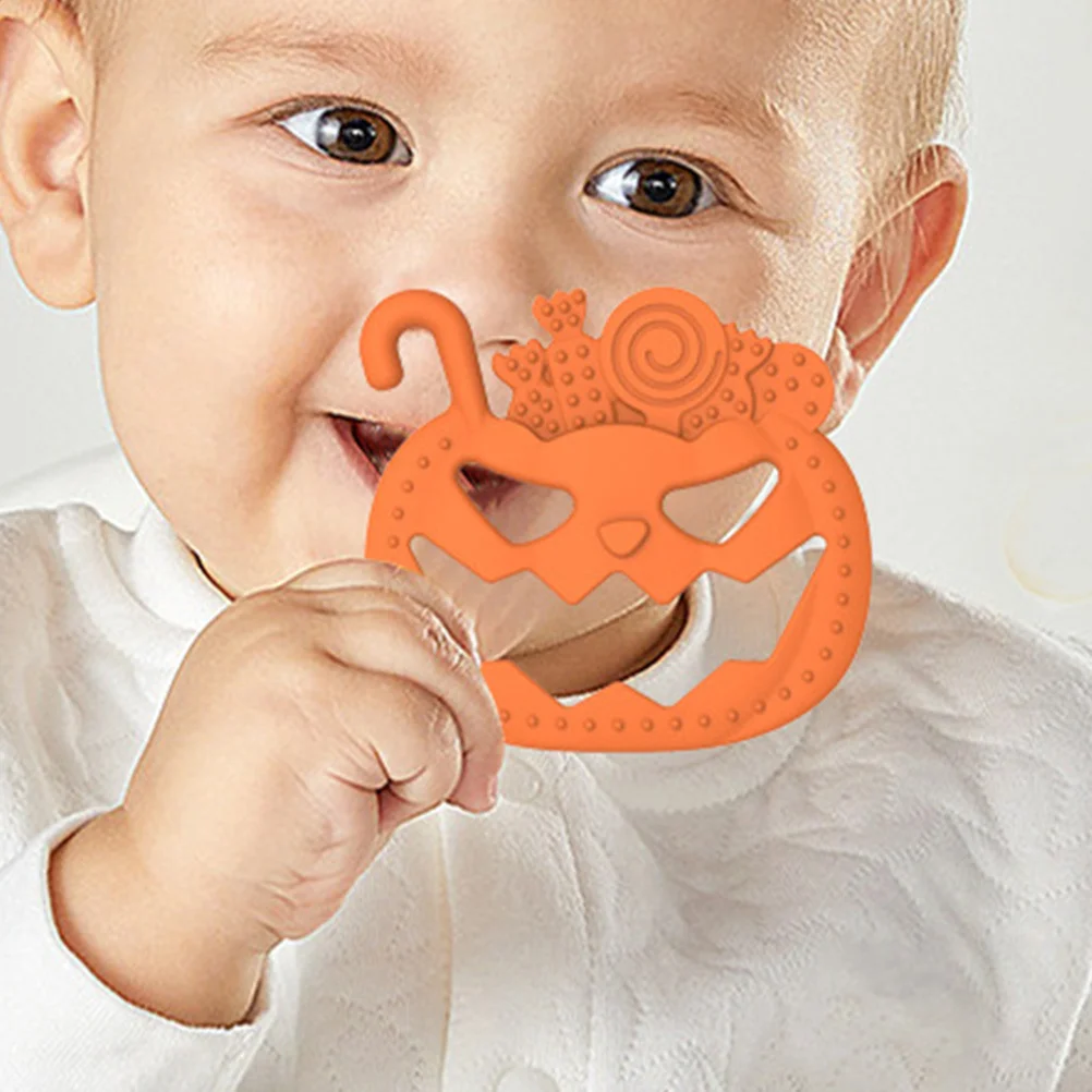 Safe Halloween Baby Teether with Pumpkin Motif Soft Elastic Chewing Surface for Sensory Development and Gum Massage Toddler