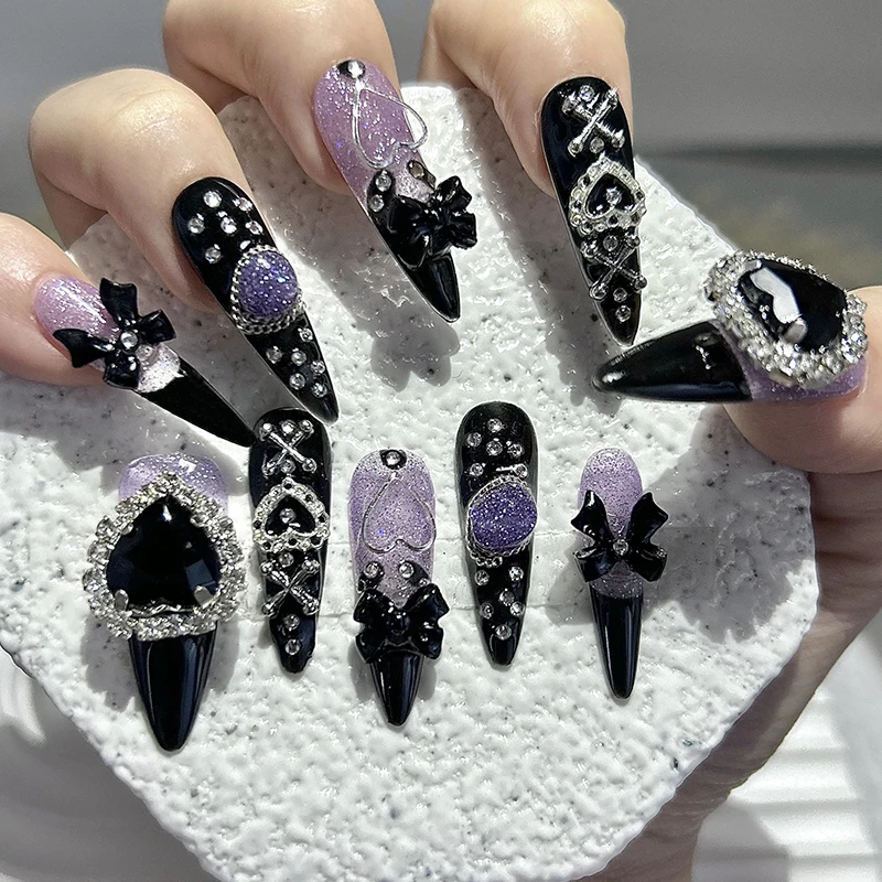 10 Pieces Black Purple Y2k Spice Girls Handmade Press On Nails Luxury Bow Heart Diamonds Fake Nails Removable Reusable