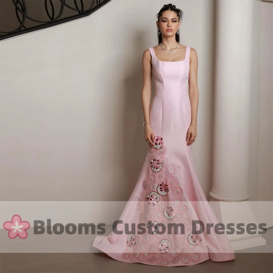 Vestido de noche de satén rosa para mujer, traje de sirena con cuello cuadrado y cuentas redondas, precioso vestido de fiesta para ocasiones formales, vestido de graduación saudí 2024