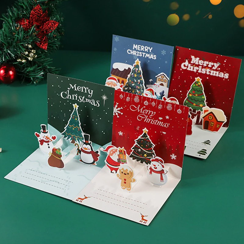 1Set 3D biglietto di natale colorato brillante allegro babbo natale pupazzo di neve alce biglietti di auguri di natale per forniture per feste di festa
